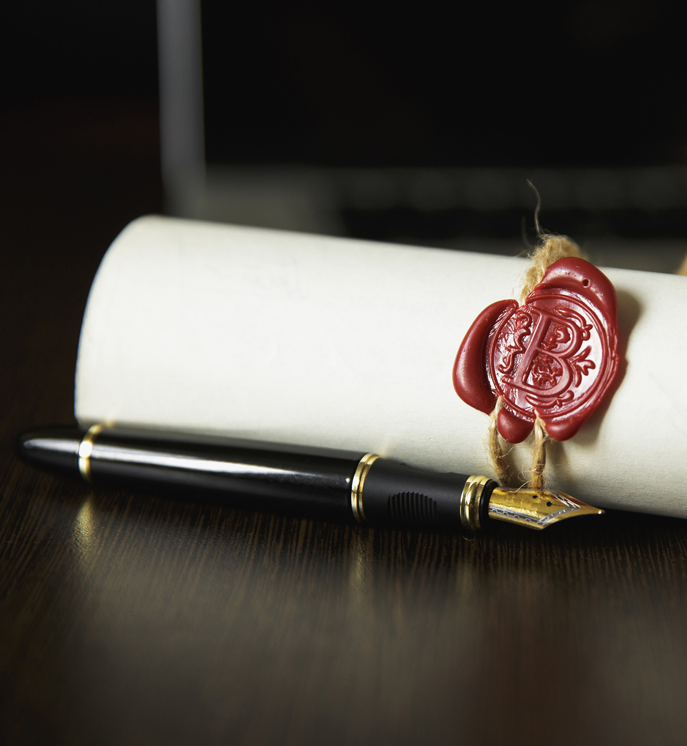 Notary's public pen and stamp on testament and last will. Notary public tools